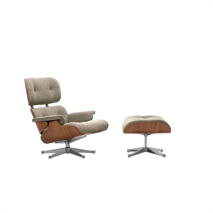 Fotel Vitra Eames z pufą, Orzech włoski naturalny /05, kremowy/ciemnobrązowy/ Aluminiowy